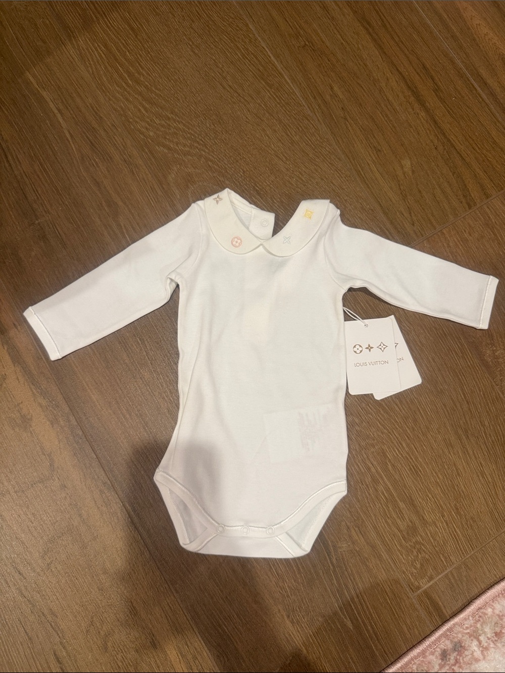 Louis Vuitton Cream Long-Sleeve Baby One-Piece with Embroidered Collar